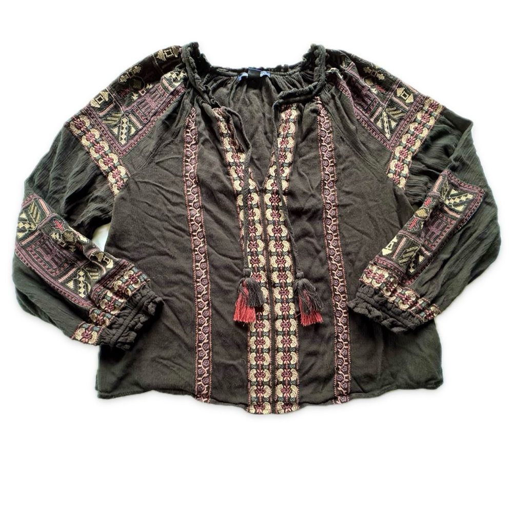 American Eagle Flowy Boho Earthy Effortless Embroidered Casual Women’s Blouse